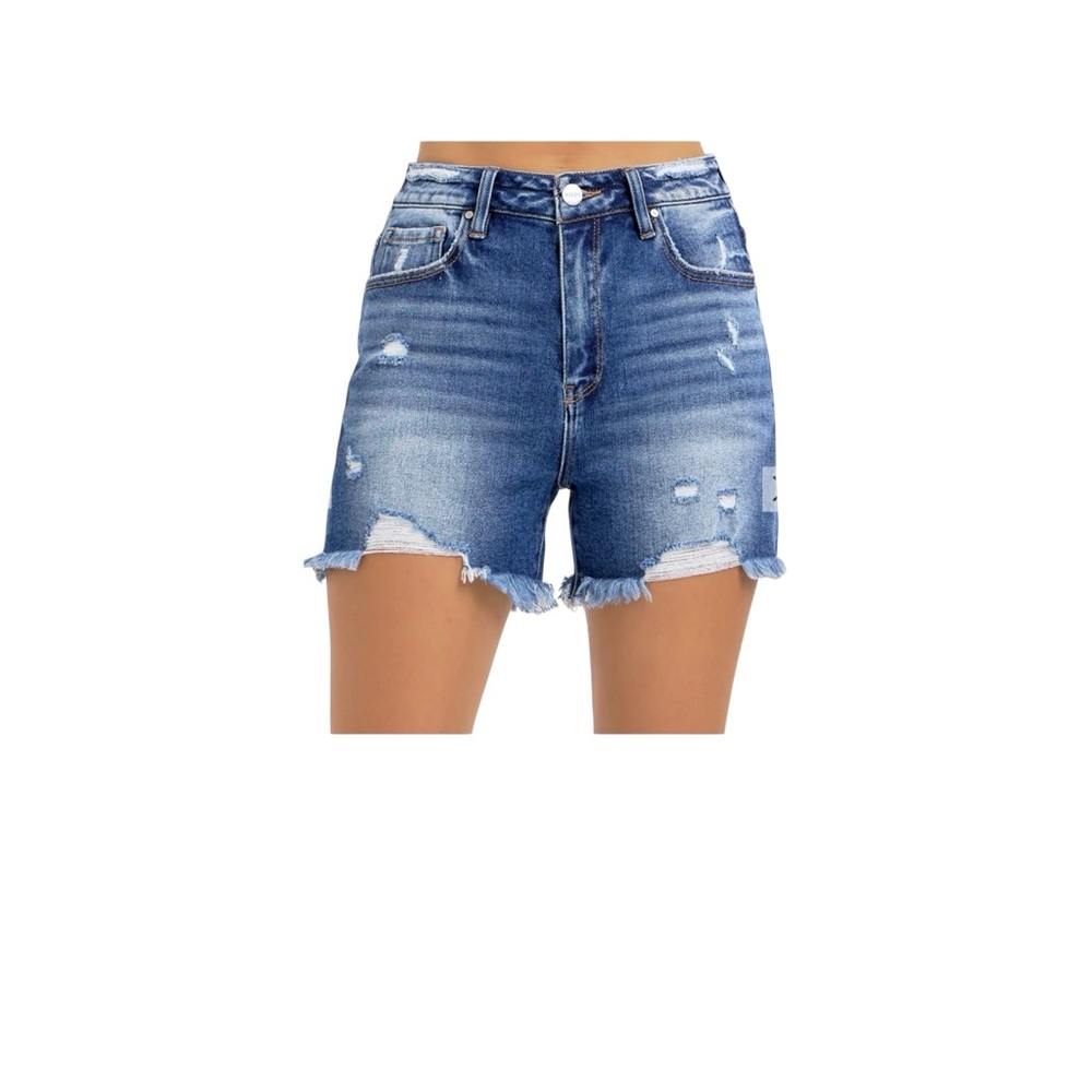 Risen Jeans Dark Wash Distressed Stretch Jean Shorts High Rise 1XL 5” Inseam EUC